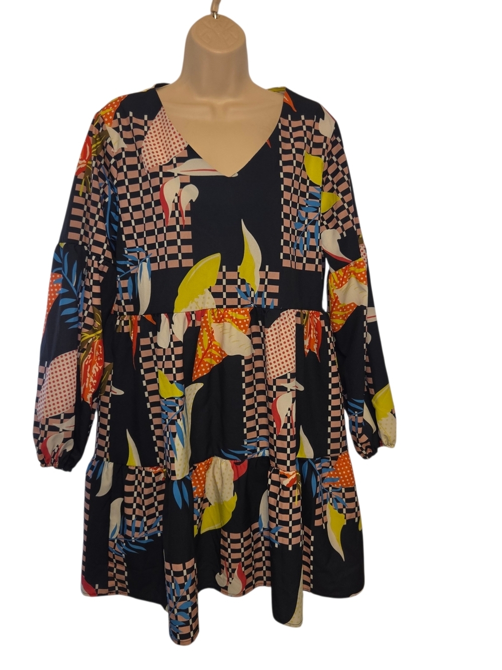 V-Neck Black Multi-Color Printed Tiered Dress - Picture 2 of 10